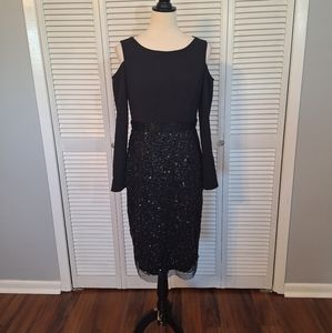 Adrianna papell black beaded sequin cold shoulder dress sz 6 NWT *J